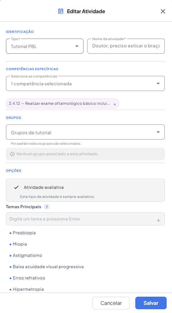 Diálogo de cadastro de atividade Tutorial PBL com competências e temas