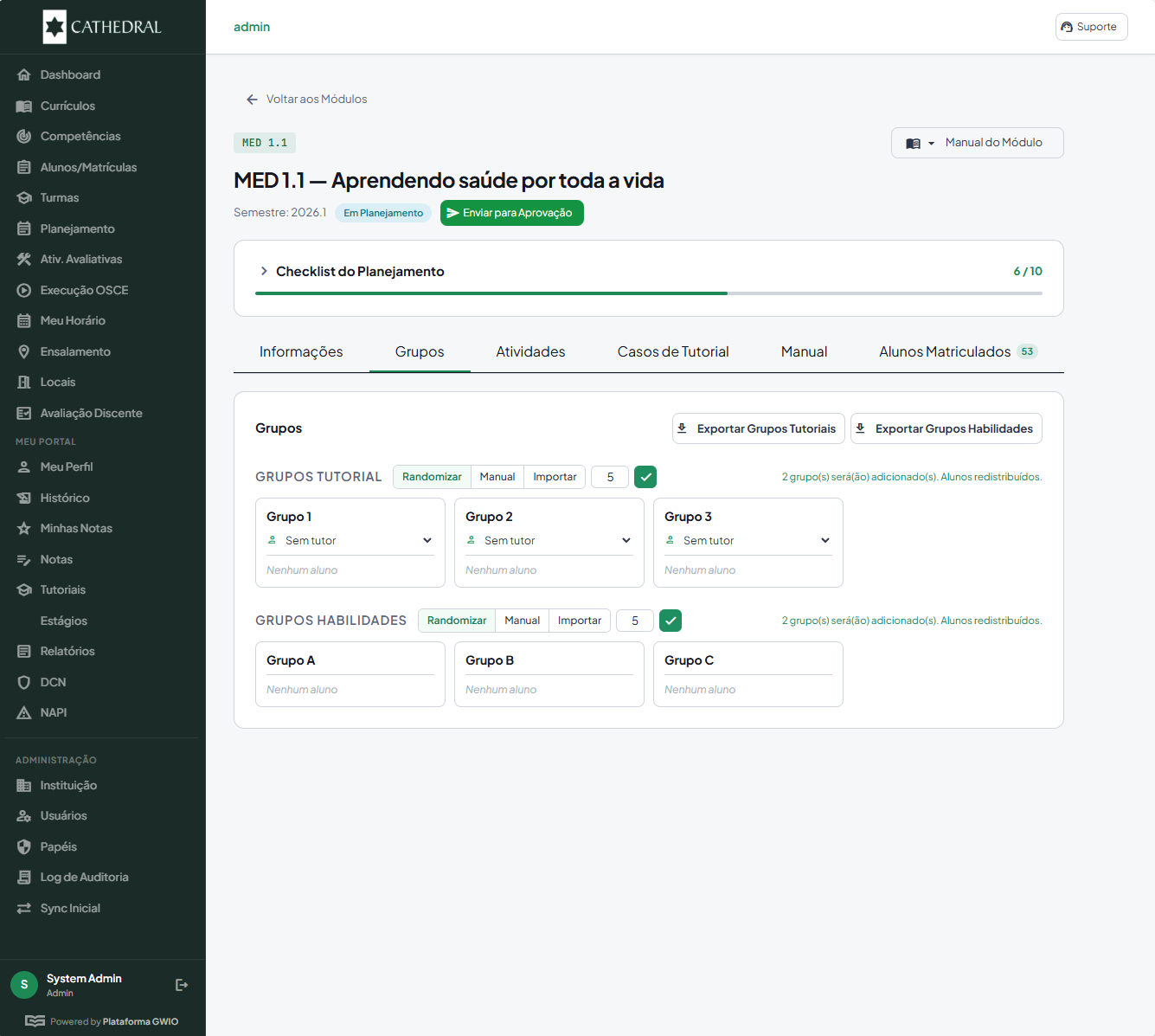 Tela de planejamento do módulo MED 1.1 com checklist e composição de grupos tutoriais
